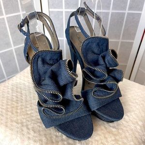 WILD ROSE Blue Denim Zip Ruffle T-Strap Stiletto Heels, Style - Josh, Sz 10